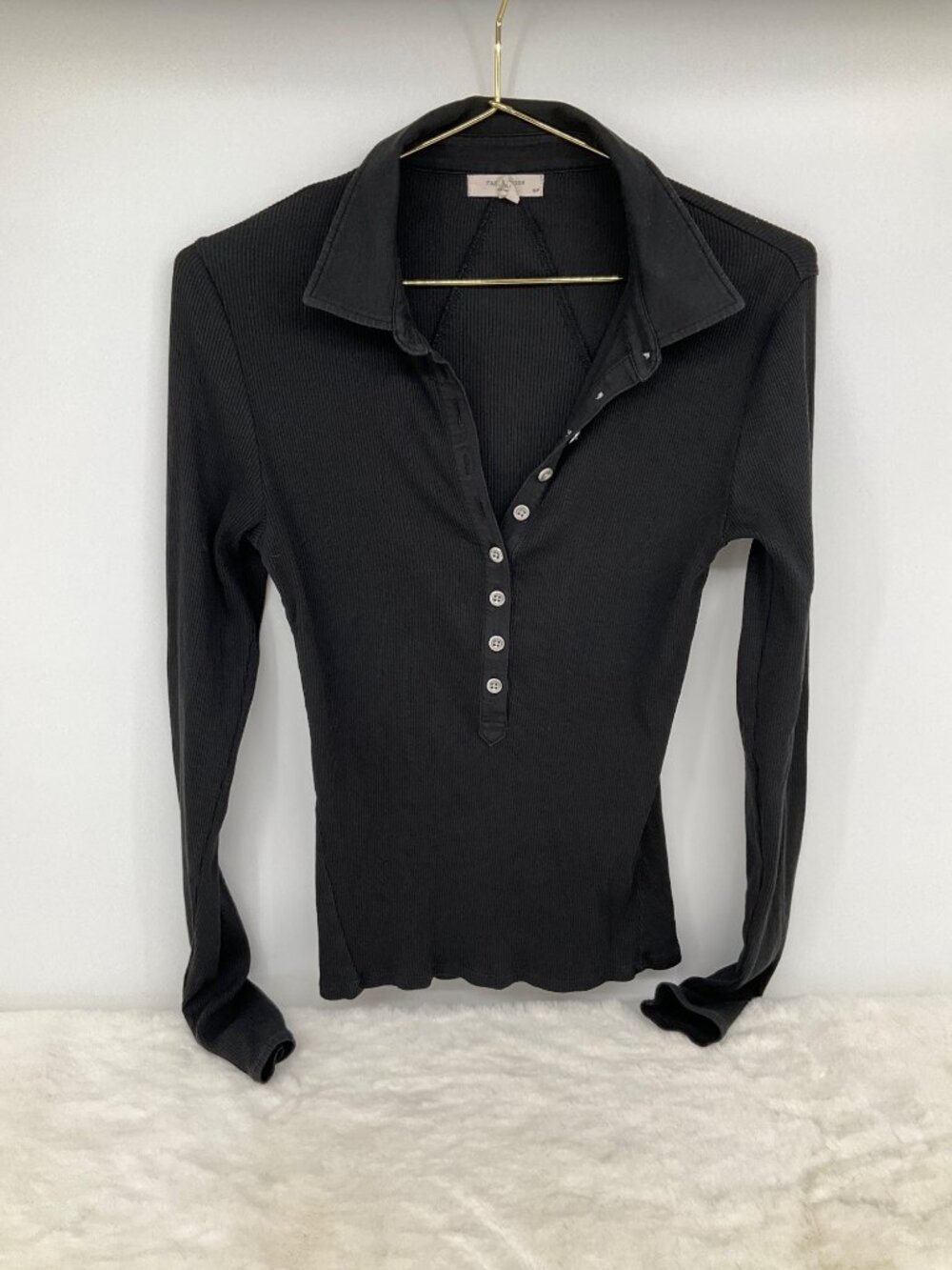 Rag & Bone size Small Essential Black Ribbed Long-Sleeve Button-Front Polo Top - Picture 2 of 5